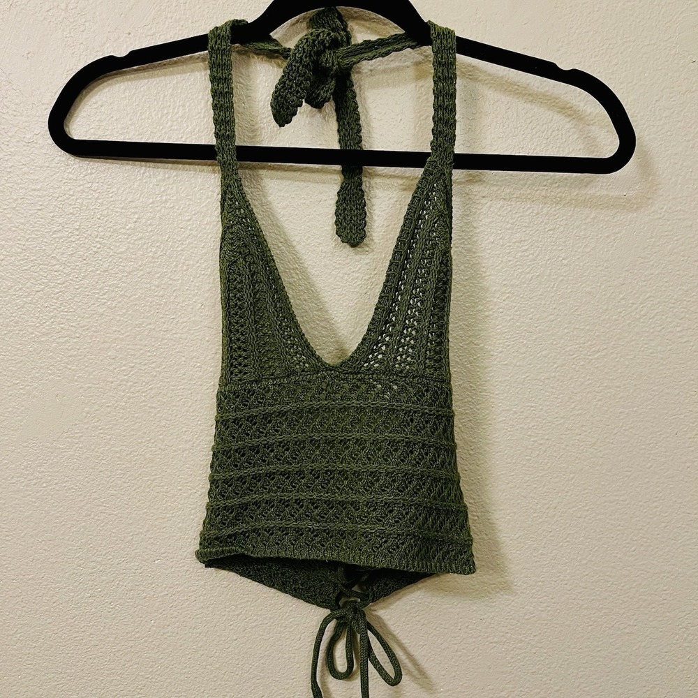 Romwe Cropped Crochet Top Olive Green Festival Goblincore Forrest Fairy Size XXS